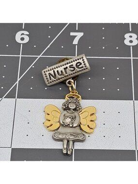 Vintage Cathedral Art Abbey Press Two Tone Nurse Guardian Angel Dangling Brooch